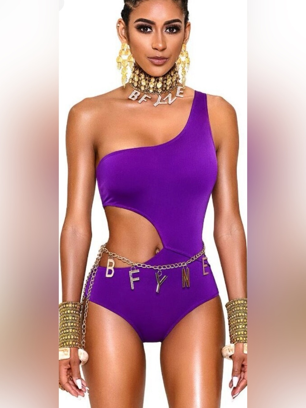 Asymmetric One-Shoulder Purple Cutout One-Piece Swimsuit